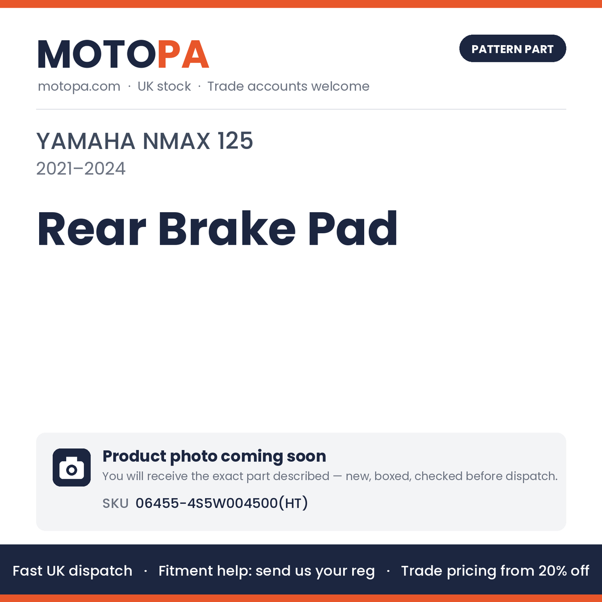 Fits Yamaha NMAX 125 2021-2024 Rear Brake Pad 06455-4S5W004500(HT) | MotoPa