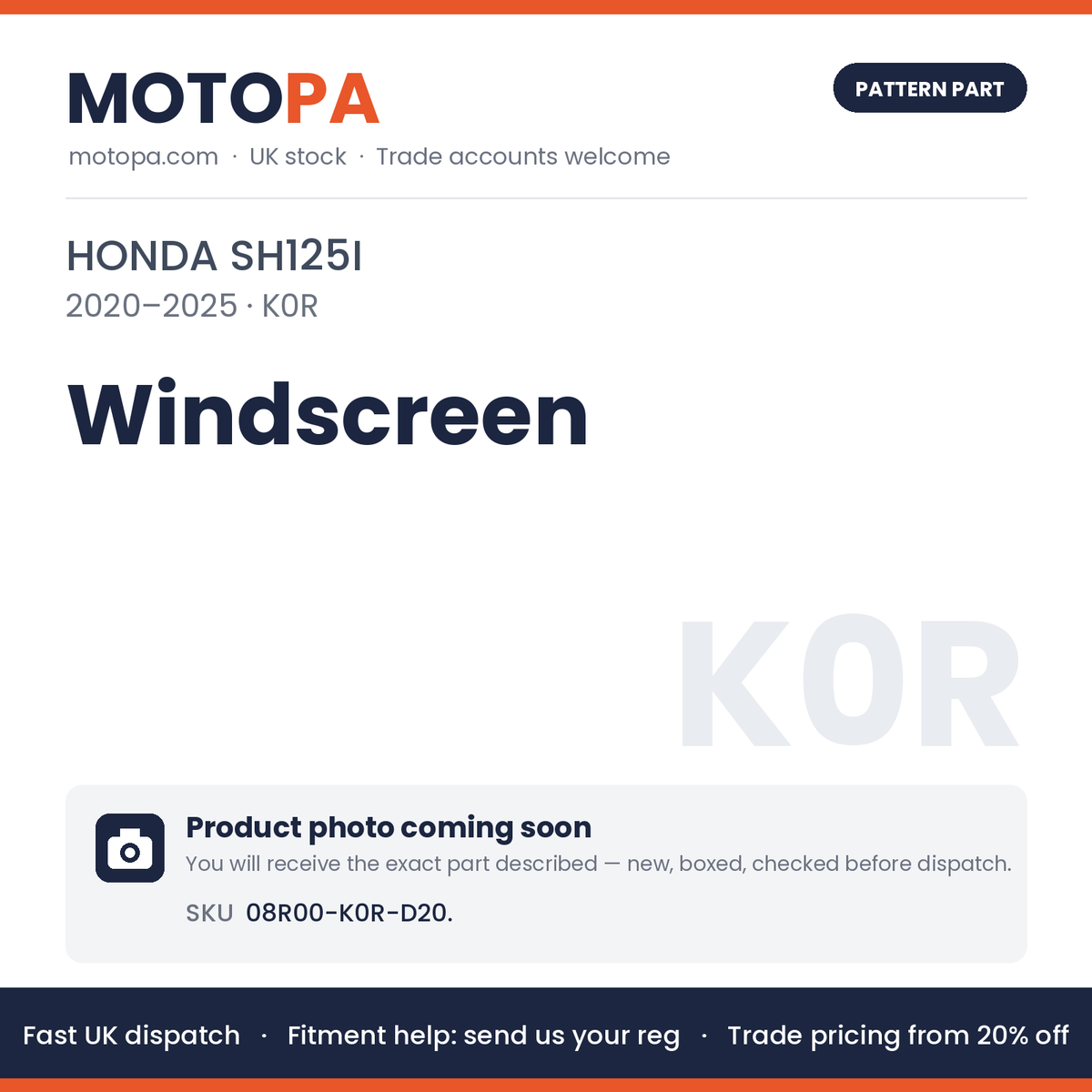 Fits Honda SH125i 2020-2025 Windscreen 08R00-K0R-D20. | MotoPa