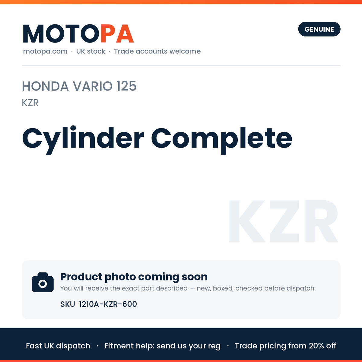 Genuine Honda Vario 125 (import) Cylinder Complete 1210A-KZR-600 | SKU 1210A-KZR-600 | photo coming soon