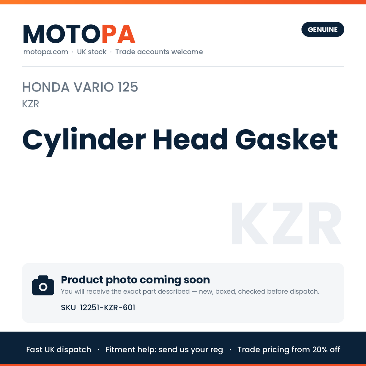 Genuine Honda Vario 125 (import) Cylinder Head Gasket 12251-KZR-601 | SKU 12251-KZR-601 | photo coming soon