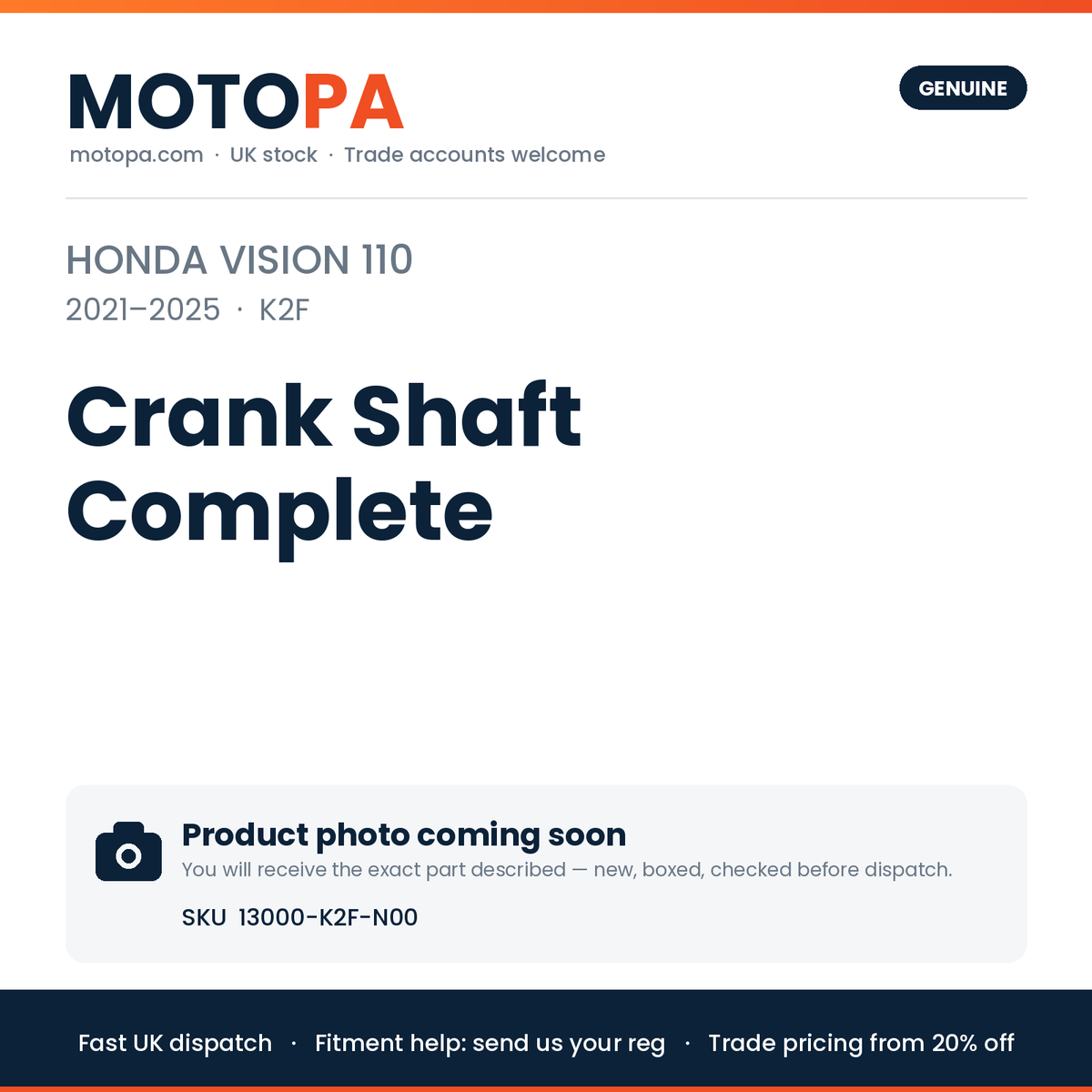 Genuine Honda Vision 110 2021-2025 Crank Shaft Complete 13000-K2F-N00 | SKU 13000-K2F-N00 | photo coming soon