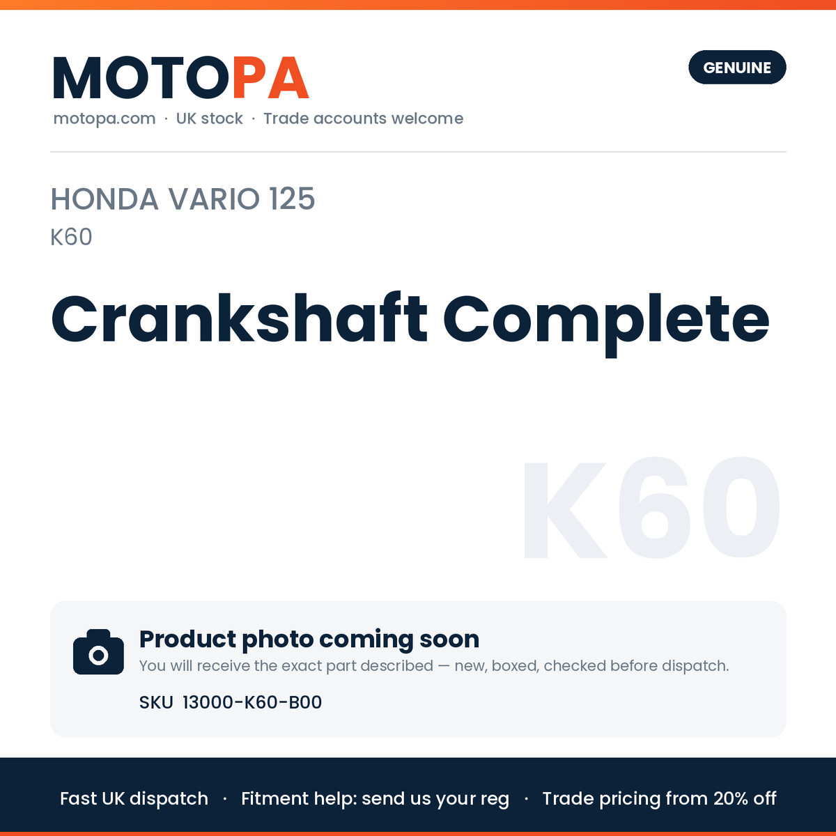 Genuine Honda Vario 125 (import) Crankshaft Complete 13000-K60-B00 | SKU 13000-K60-B00 | photo coming soon