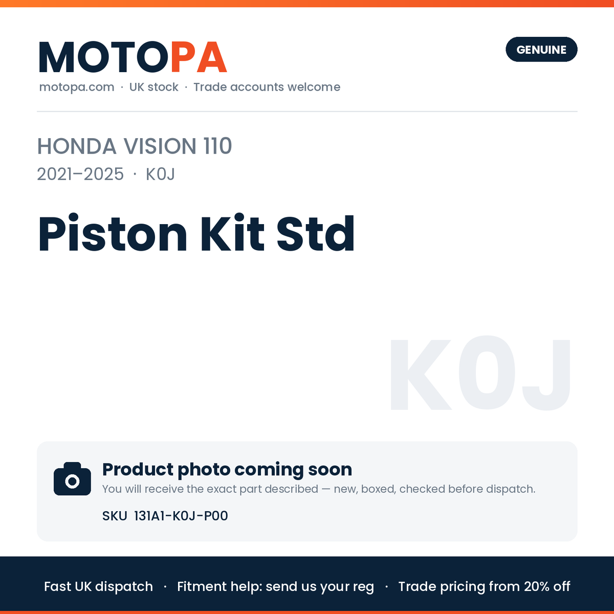 Genuine Honda Vision 110 2021-2025 Piston Kit Std 131A1-K0J-P00 | SKU 131A1-K0J-P00 | photo coming soon