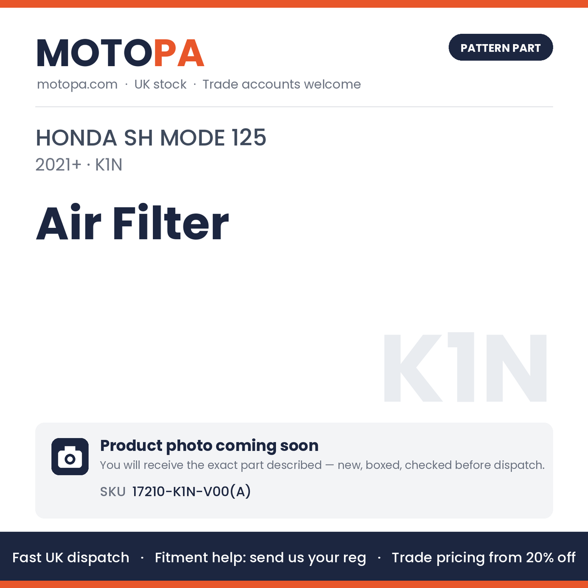 Fits Honda SH Mode 125 2021+ Air Filter 17210-K1N-V00(A) | MotoPa