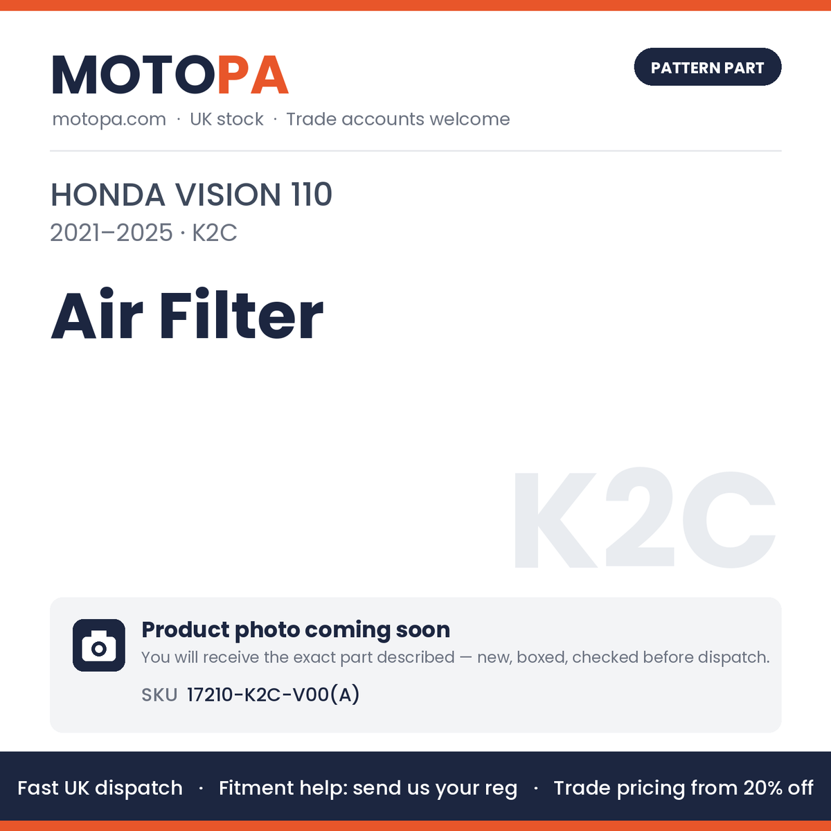 Fits Honda Vision 110 2021-2025 Air Filter 17210-K2C-V00(A) | MotoPa