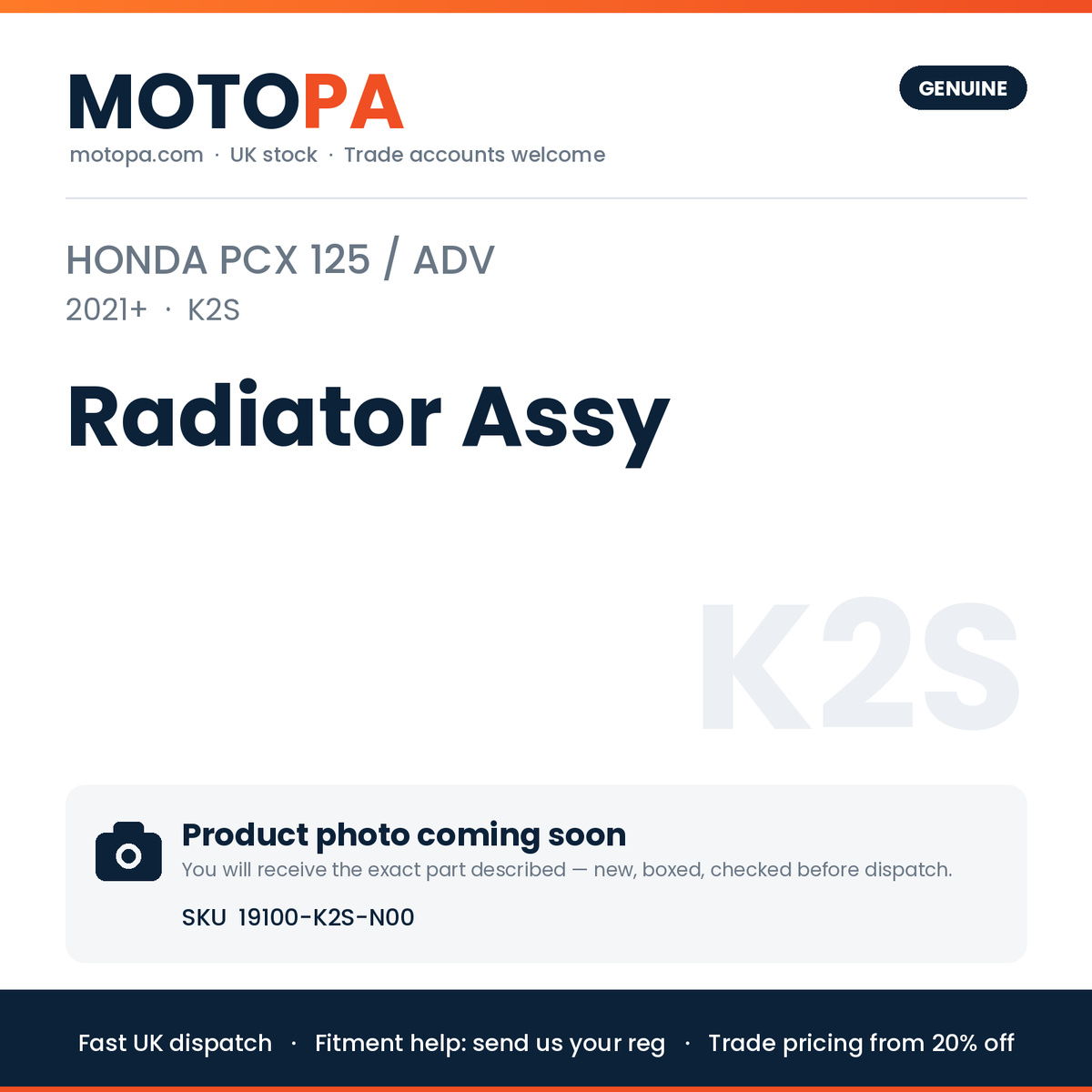 Genuine Honda PCX 125 / ADV 2021+ Radiator Assy 19100-K2S-N00 | SKU 19100-K2S-N00 | photo coming soon