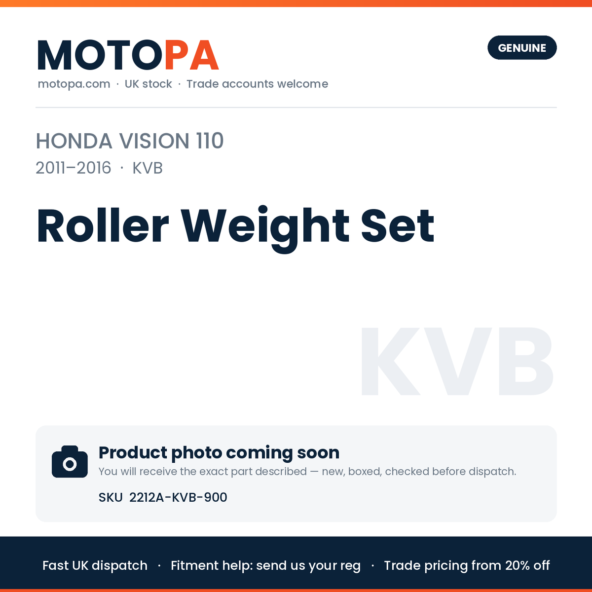 Genuine Honda Vision 110 2011-2016 Roller Weight Set 2212A-KVB-900 | SKU 2212A-KVB-900 | photo coming soon