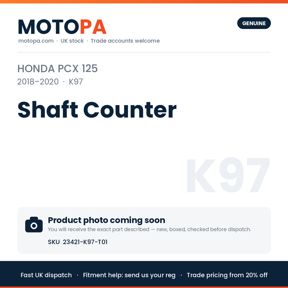 Genuine Honda PCX 125 2018-2020 Shaft Counter 23421-K97-T01 | SKU 23421-K97-T01 | photo coming soon