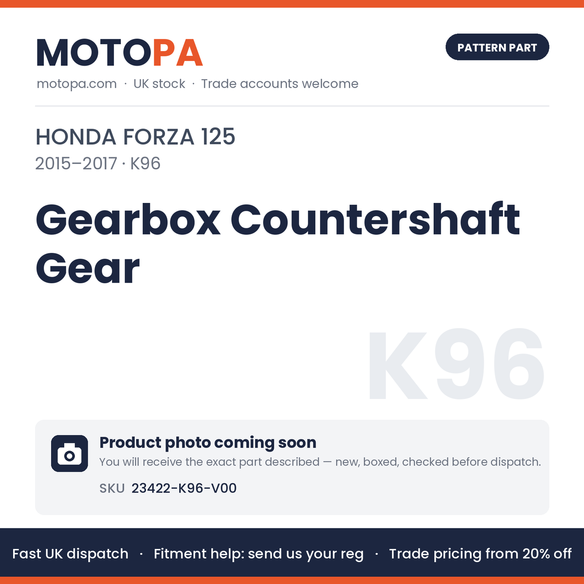 Fits Honda Forza 125 2015-2017 Gearbox Countershaft Gear 23422-K96-V00 | MotoPa