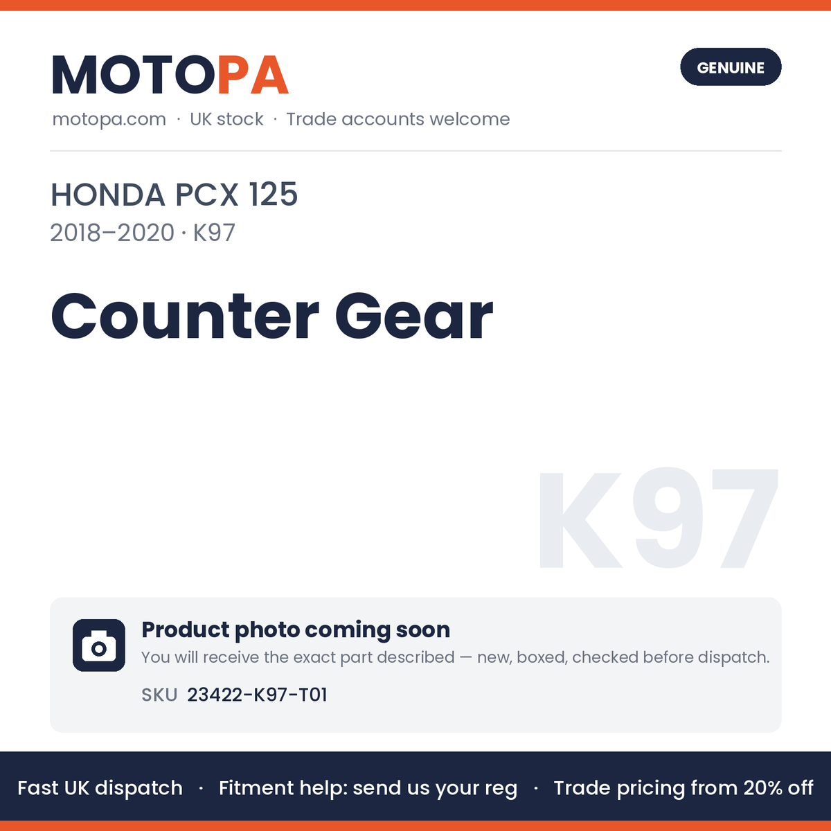 Genuine Honda PCX 125 2018-2020 Counter Gear 23422-K97-T01 | SKU 23422-K97-T01 | photo coming soon