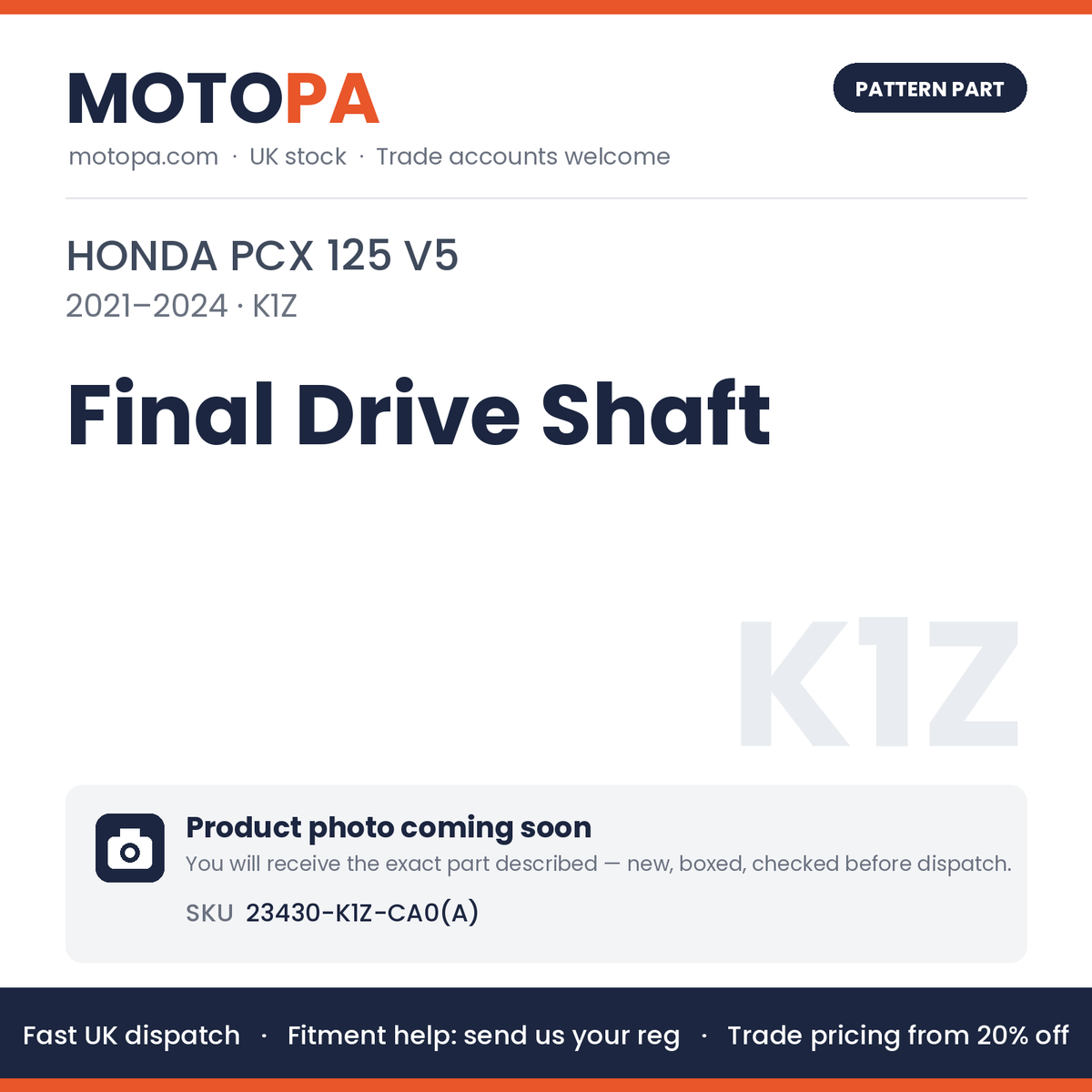 Fits Honda PCX 125 V5 2021-2024 Final Drive Shaft 23430-K1Z-CA0(A) | MotoPa