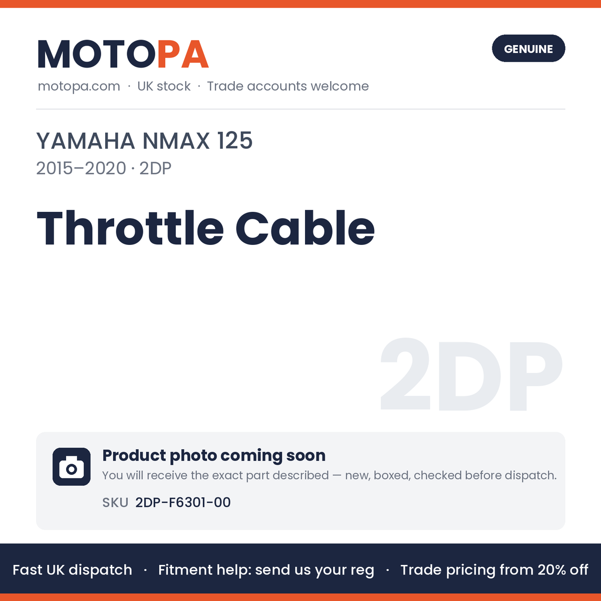 Genuine Yamaha NMAX 125 2015-2020 Throttle Cable 2DP-F6301-00 | SKU 2DP-F6301-00 | photo coming soon