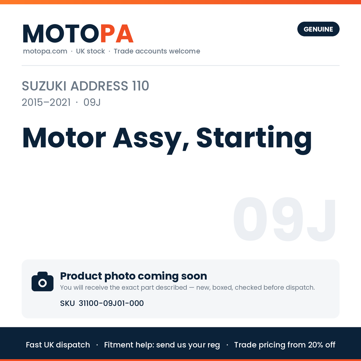 Genuine Suzuki Address 110 2015-2021 Motor Assy, Starting 31100-09J01-000 | SKU 31100-09J01-000 | photo coming soon