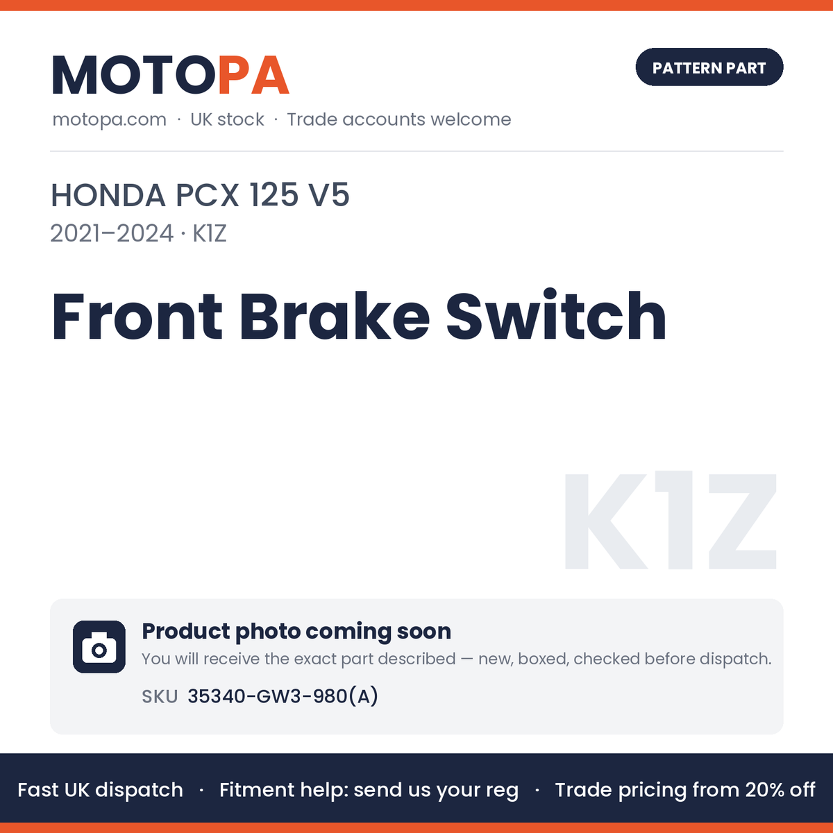 Fits Honda PCX 125 V5 2021-2024 Front Brake Switch 35340-GW3-980(A) | MotoPa