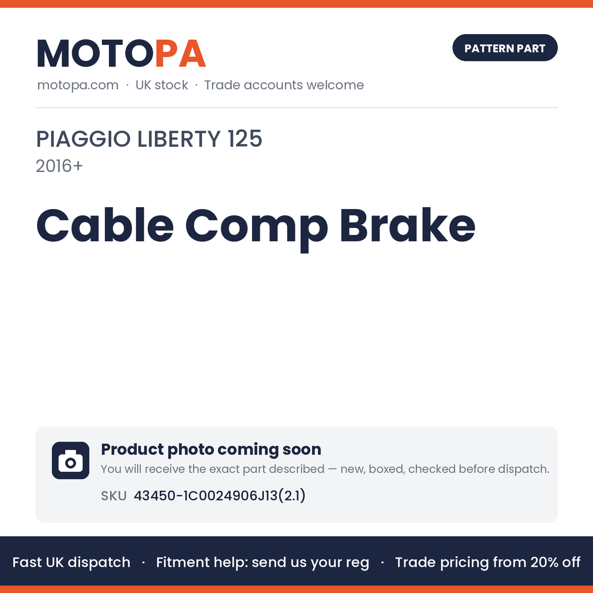 Fits Piaggio Liberty 125 2016+ Cable Comp Brake 43450-1C0024906J13(2.1 | MotoPa