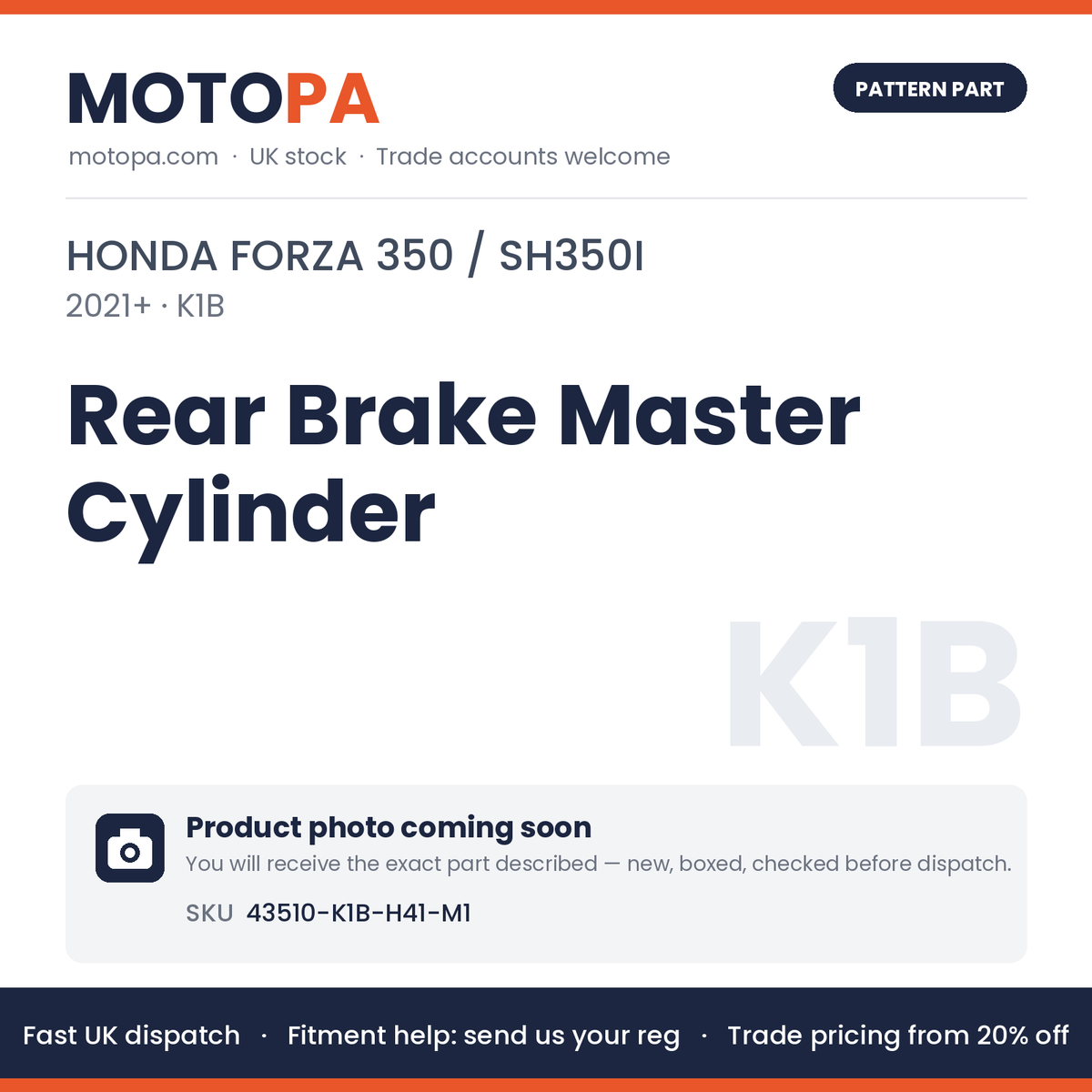 Fits Honda Forza 350 / SH350i 2021+ Rear Brake Master Cylinder 43510-K1B-H41-M1 | MotoPa