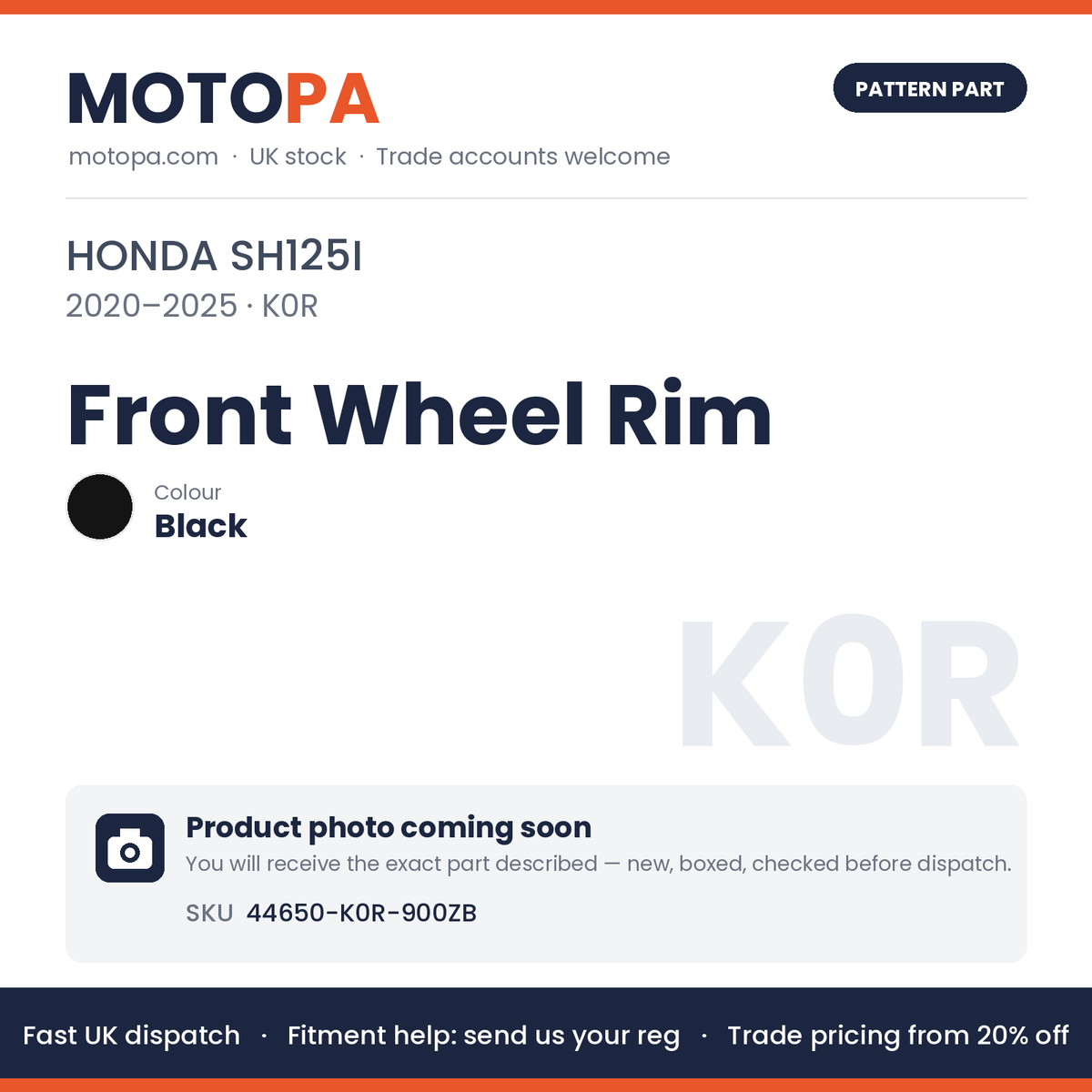 Fits Honda SH125i 2020-2025 Front Wheel Rim Black 44650-K0R-900ZB | MotoPa