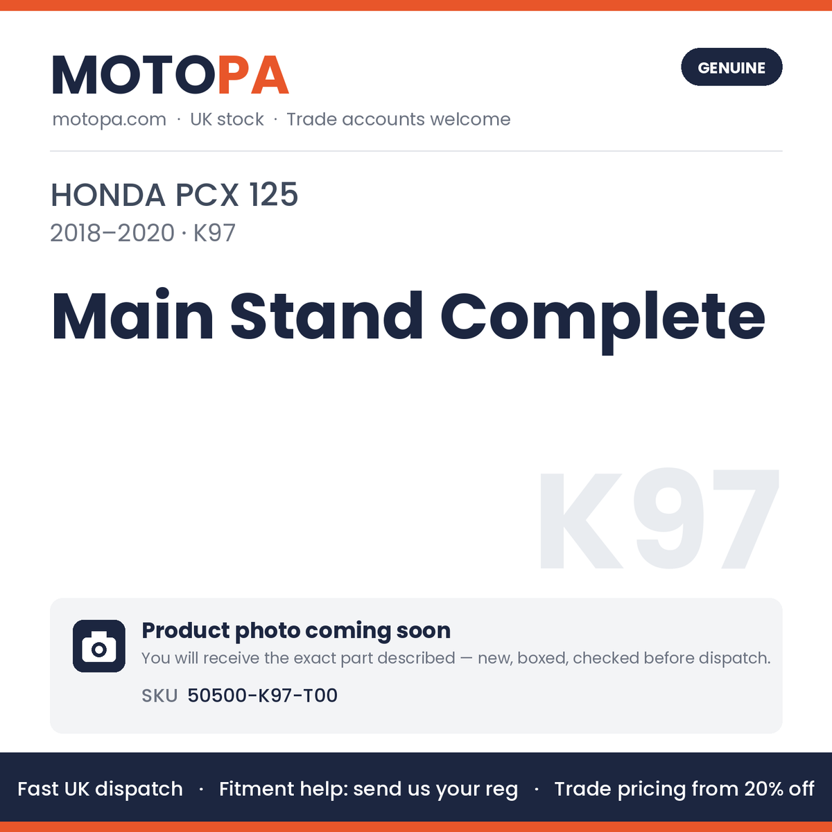 Genuine Honda PCX 125 2018-2020 Main Stand Complete 50500-K97-T00 | SKU 50500-K97-T00 | photo coming soon