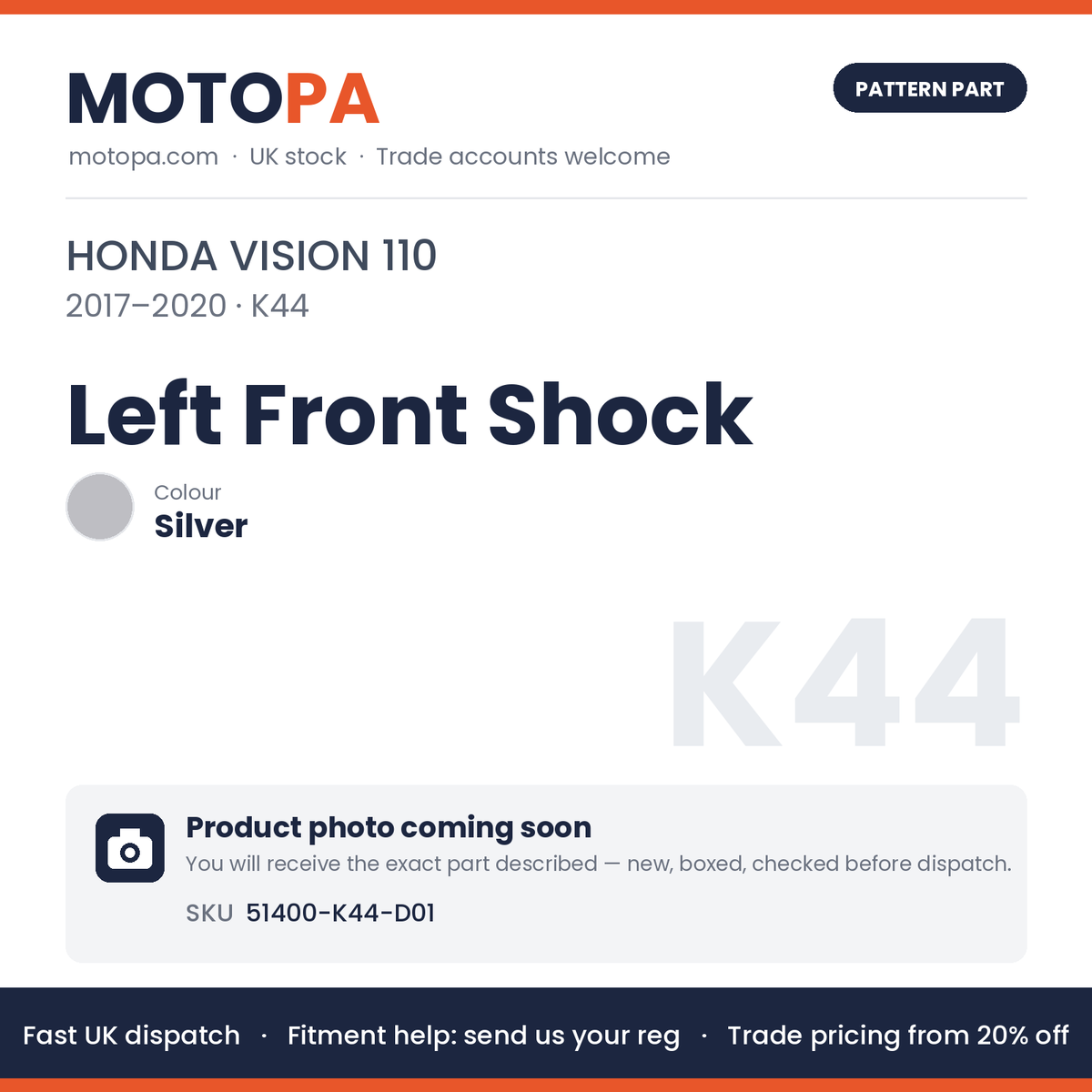 Fits Honda Vision 110 2017-2020 Left Front Shock Silver 51400-K44-D01 | MotoPa