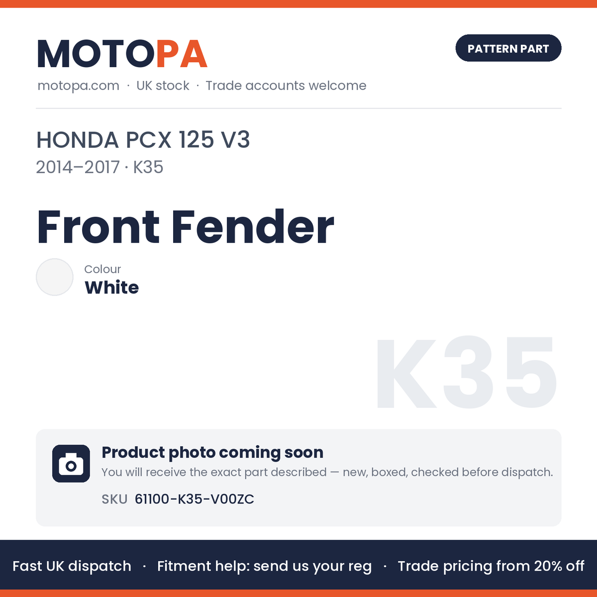 Fits Honda PCX 125 V3 2014-2017 Front Fender White 61100-K35-V00ZC | MotoPa