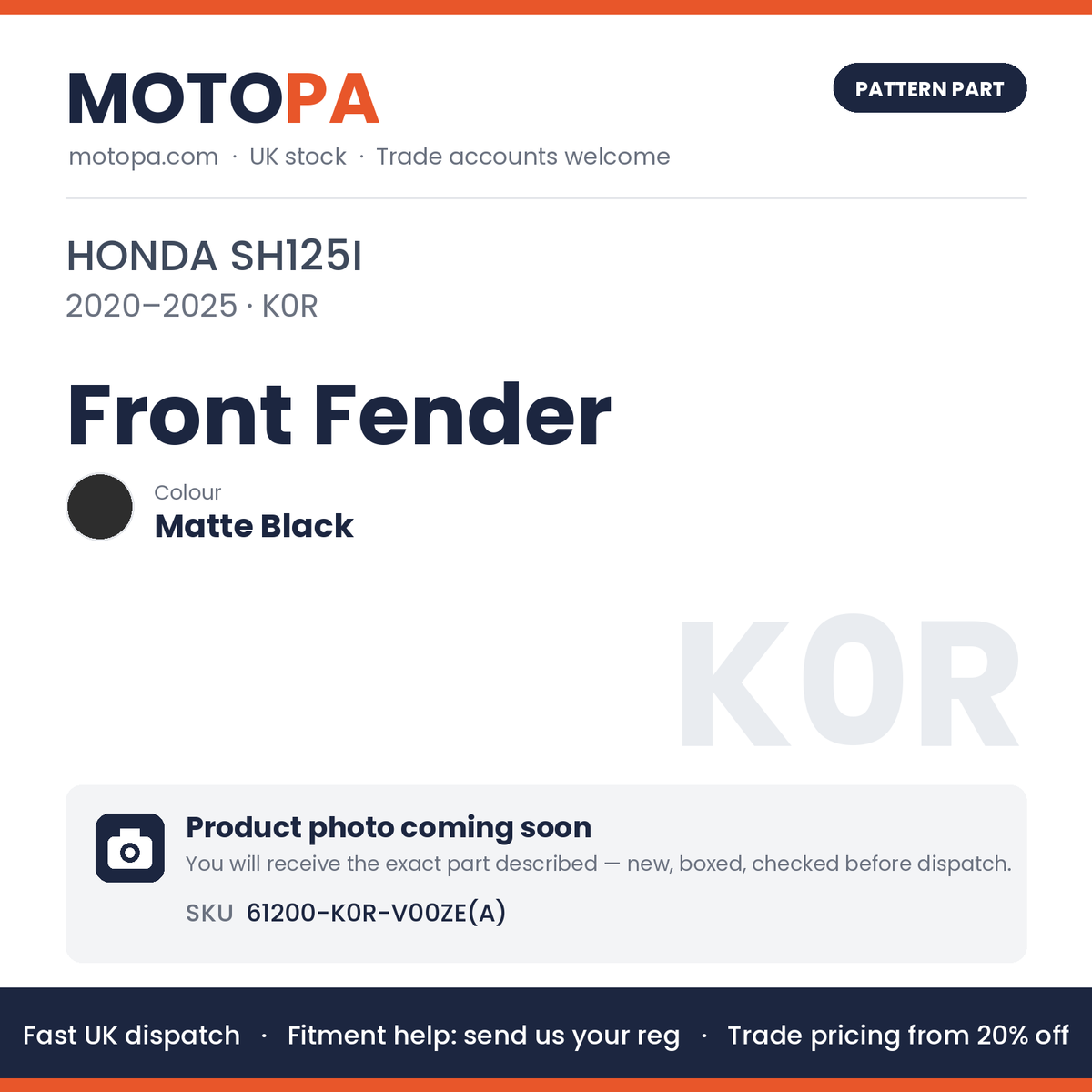 Fits Honda SH125i 2020-2025 Front Fender Matte Black 61200-K0R-V00ZE(A) | MotoPa
