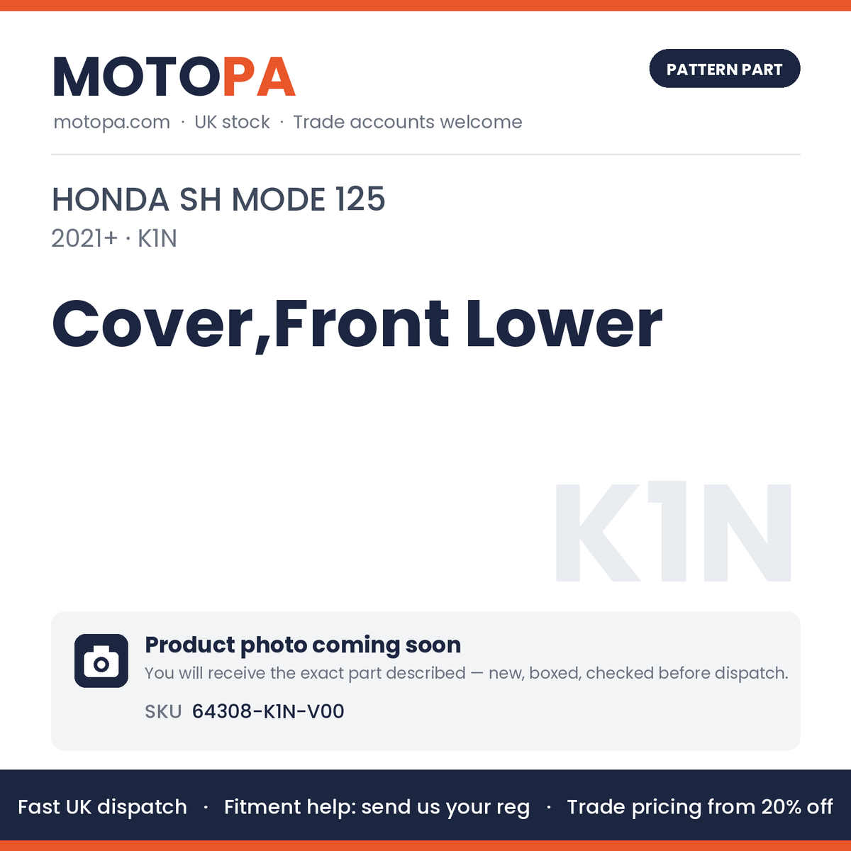 Fits Honda SH Mode 125 2021+ Cover,Front Lower 64308-K1N-V00 | MotoPa