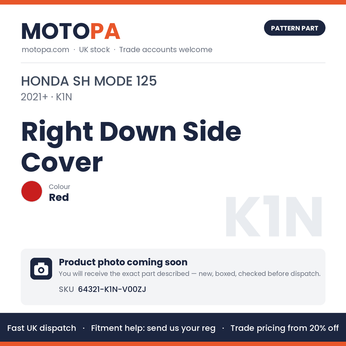 Fits Honda SH Mode 125 2021+ Right Down Side Cover Red 64321-K1N-V00ZJ | MotoPa