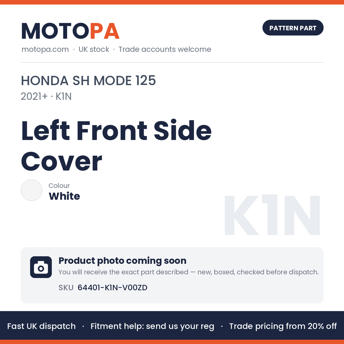 Fits Honda SH Mode 125 2021+ Left Front Side Cover White 64401-K1N-V00ZD | MotoPa