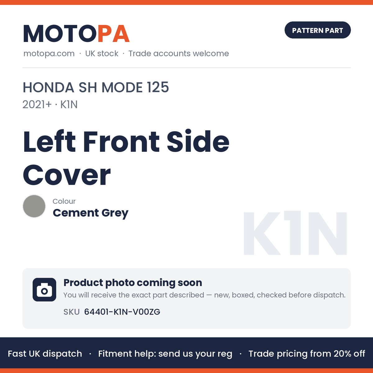 Fits Honda SH Mode 125 2021+ Left Front Side Cover Cement Grey 64401-K1N-V00ZG | MotoPa