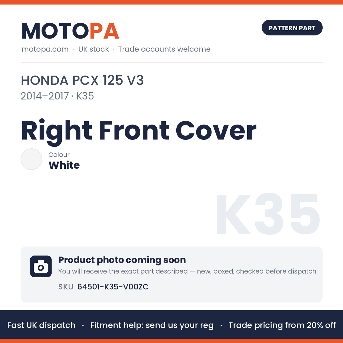 Fits Honda PCX 125 V3 2014-2017 Right Front Cover White 64501-K35-V00ZC | MotoPa