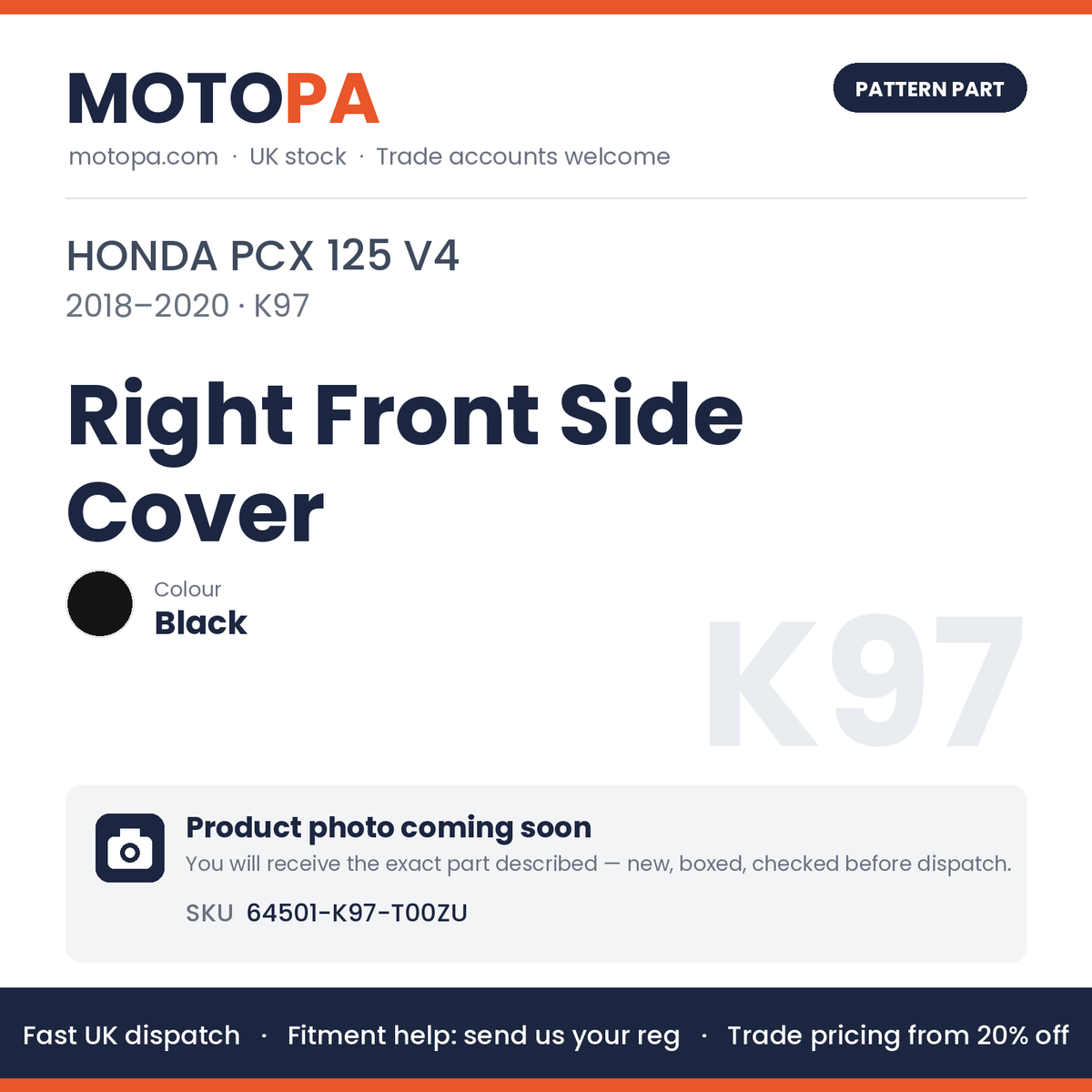 Fits Honda PCX 125 V4 2018-2020 Right Front Side Cover Black 64501-K97-T00ZU | MotoPa