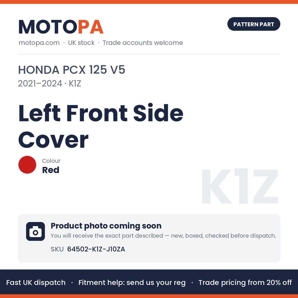 Fits Honda PCX 125 V5 2021-2024 Left Front Side Cover Red 64502-K1Z-J10ZA | MotoPa