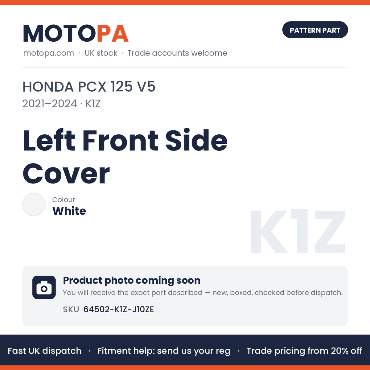 Fits Honda PCX 125 V5 2021-2024 Left Front Side Cover White 64502-K1Z-J10ZE | MotoPa