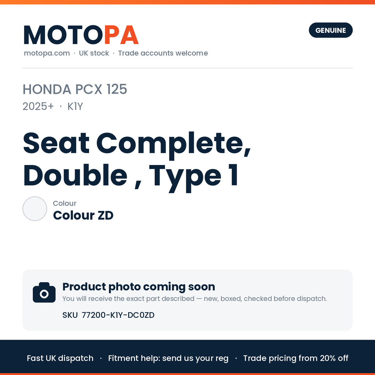 Genuine Honda PCX 125 2025+ Seat Complete, Double , Type 1 77200-K1Y-DC0 | SKU 77200-K1Y-DC0ZD | photo coming soon