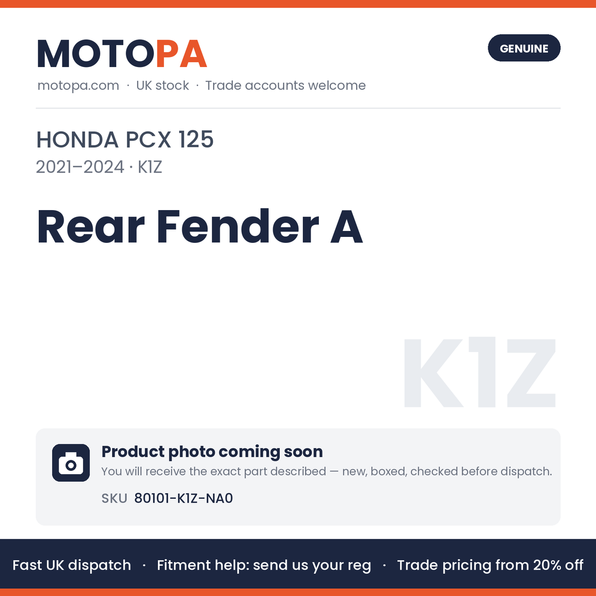 Genuine Honda PCX 125 2021-2024 Rear Fender A 80101-K1Z-NA0 | SKU 80101-K1Z-NA0 | photo coming soon