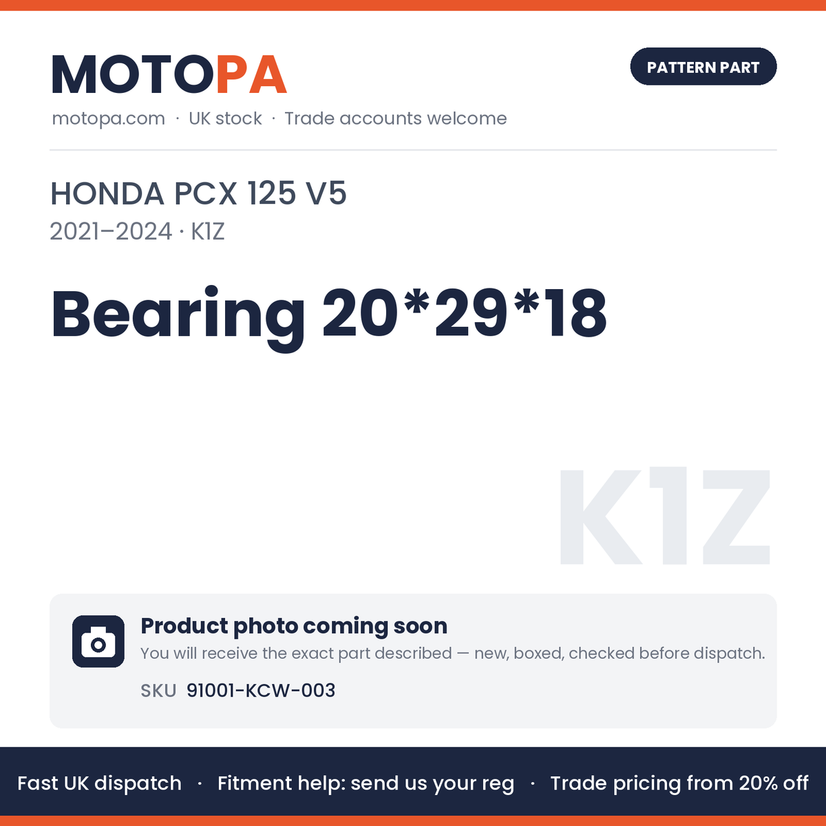 Fits Honda PCX 125 V5 2021-2024 Bearing 20*29*18 91001-KCW-003 | MotoPa