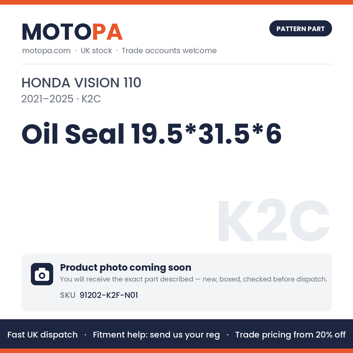 Fits Honda Vision 110 2021-2025 Oil Seal 19.5*31.5*6 91202-K2F-N01 | MotoPa