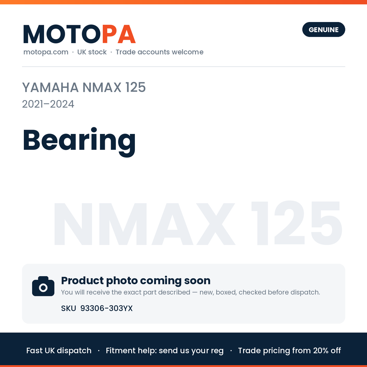 Genuine Yamaha NMAX 125 2021-2024 Bearing 93306-303YX | SKU 93306-303YX | photo coming soon