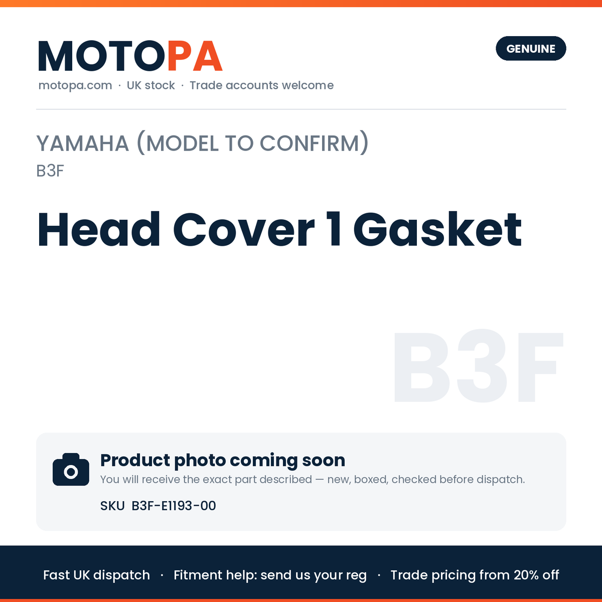 Genuine Yamaha Yamaha (model to confirm) Head Cover 1 Gasket B3F-E1193-00 | SKU B3F-E1193-00 | photo coming soon