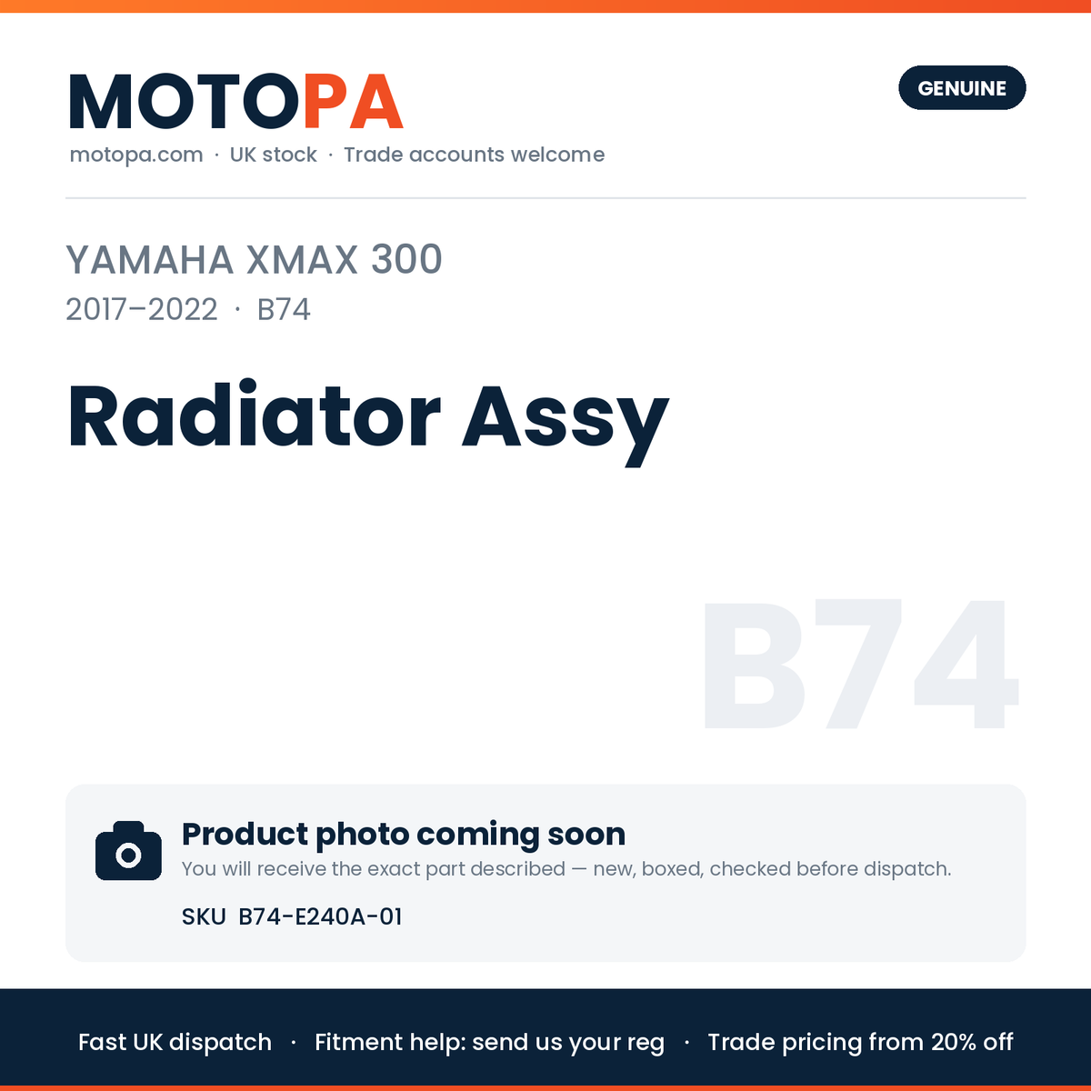 Genuine Yamaha XMAX 300 2017-2022 Radiator Assy B74-E240A-01 | SKU B74-E240A-01 | photo coming soon