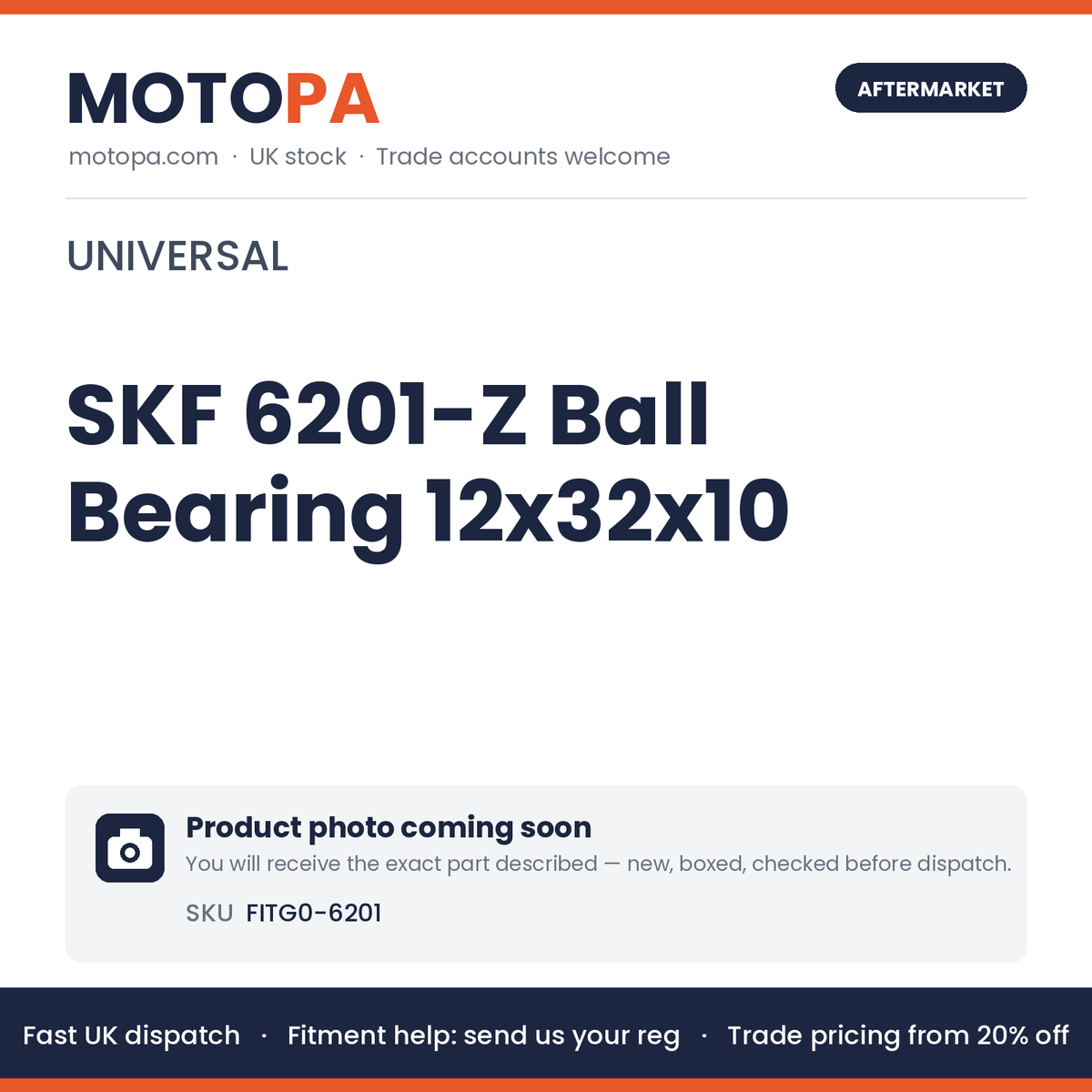 SKF 6201-Z Ball Bearing 12x32x10 FITG0-6201 | SKU FITG0-6201 | photo coming soon