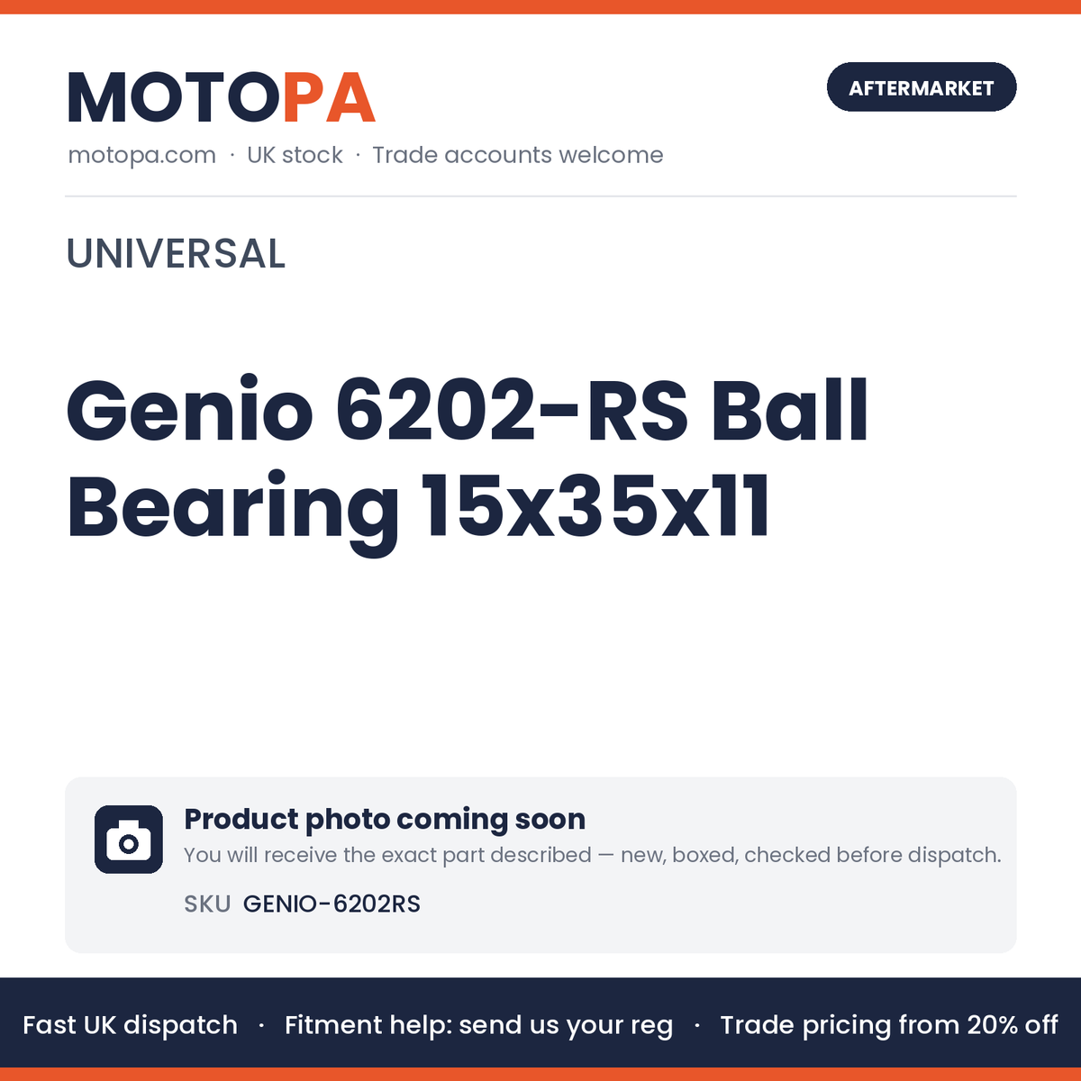 Genio 6202-RS Ball Bearing 15x35x11 GENIO-6202RS | SKU GENIO-6202RS | photo coming soon