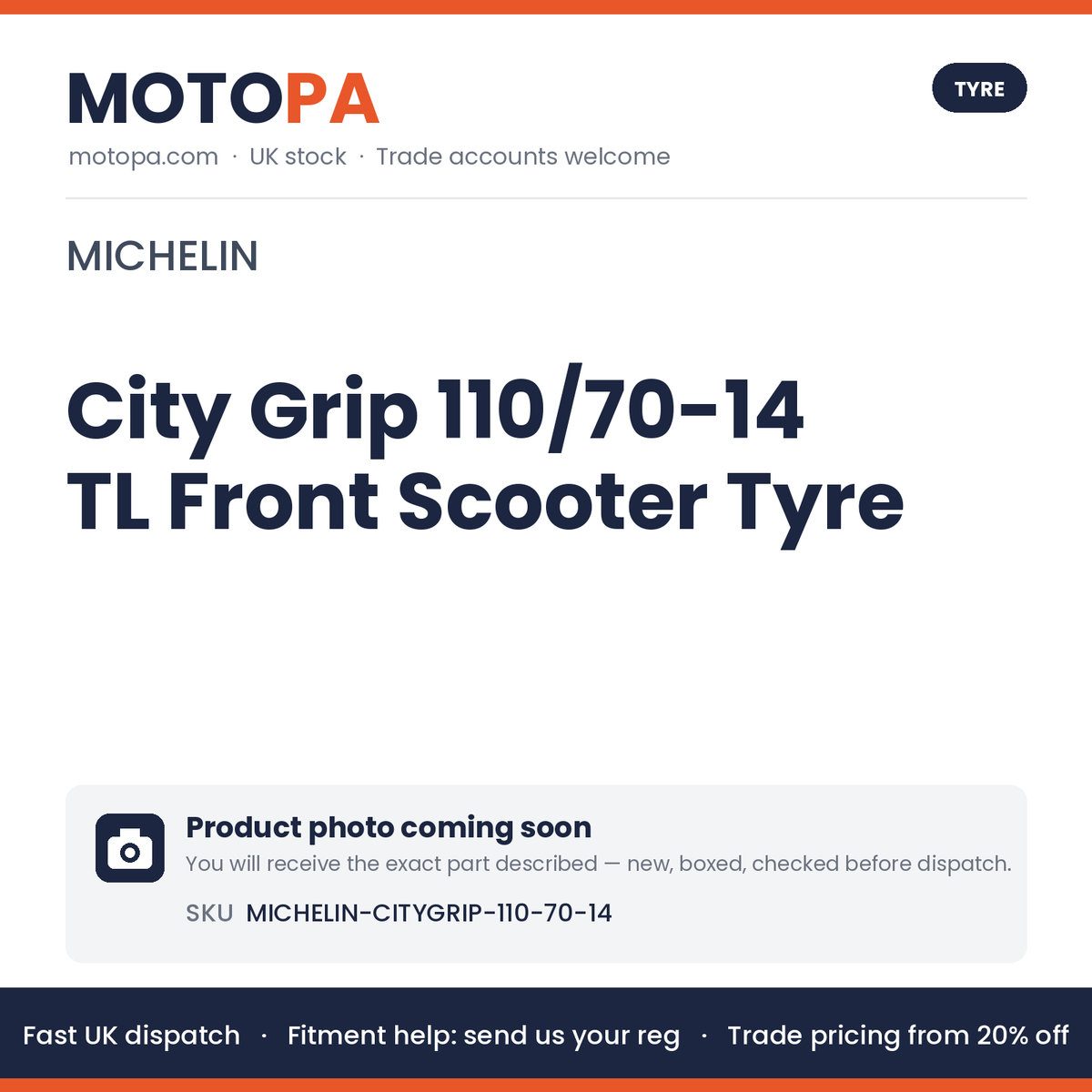 Michelin City Grip 110/70-14 TL Front Scooter Tyre – PCX 125 2021+ | photo coming soon
