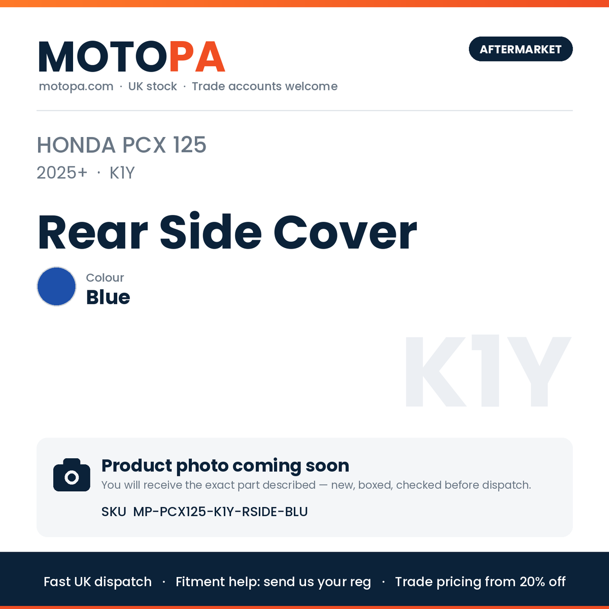 Honda PCX 125 2025+ Rear Side Cover – Blue | SKU MP-PCX125-K1Y-RSIDE-BLU | photo coming soon
