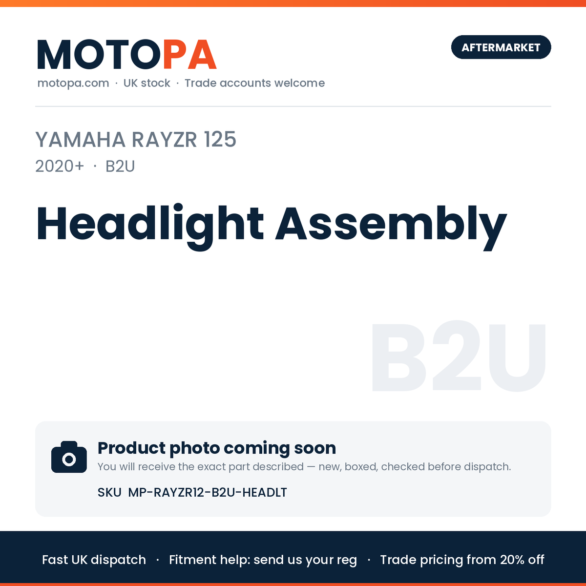 Yamaha RayZR 125 2020+ Headlight Assembly | SKU MP-RAYZR12-B2U-HEADLT | photo coming soon