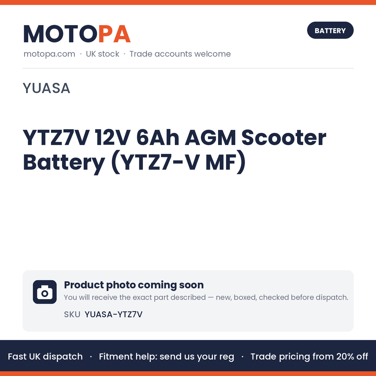 Yuasa YTZ7V 12V 6Ah AGM Scooter Battery (YTZ7-V MF) – NMAX 125, PCX 125 2010–2017 | photo coming soon