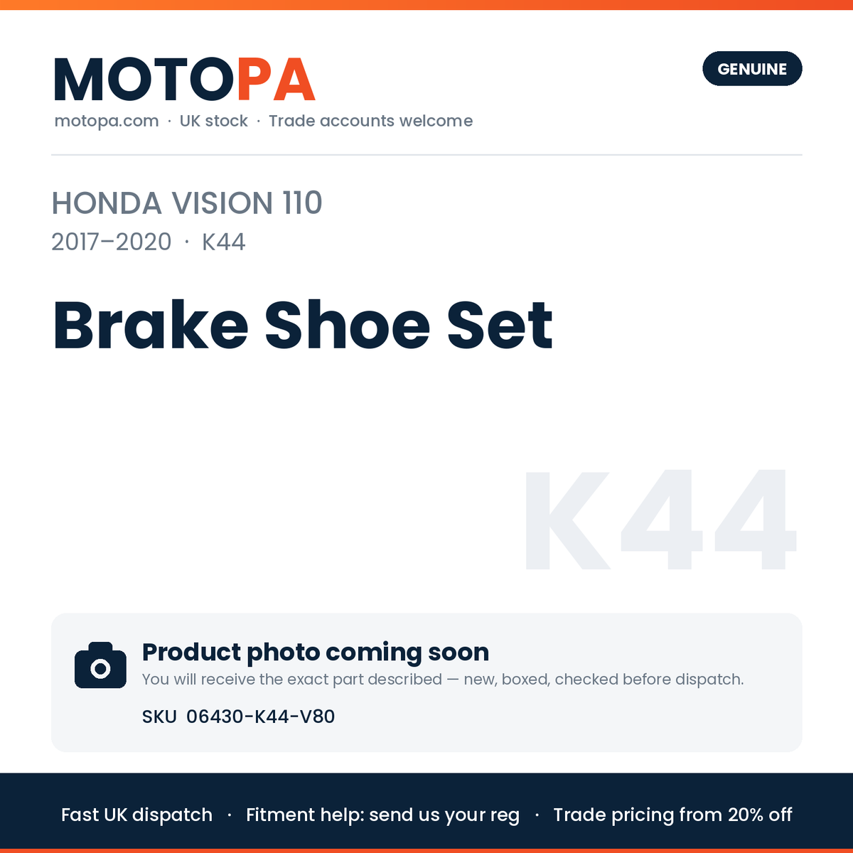 Genuine Honda Vision 110 2017-2020 Brake Shoe Set 06430-K44-V80 | SKU 06430-K44-V80 | photo coming soon