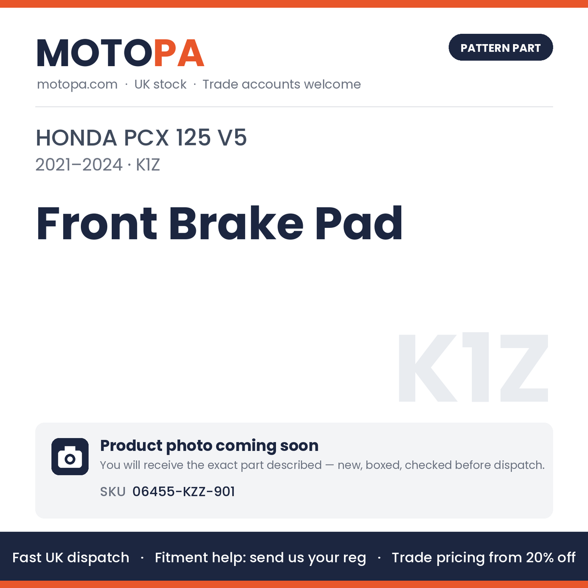 Fits Honda PCX 125 V5 2021-2024 Front Brake Pad 06455-KZZ-901 | MotoPa