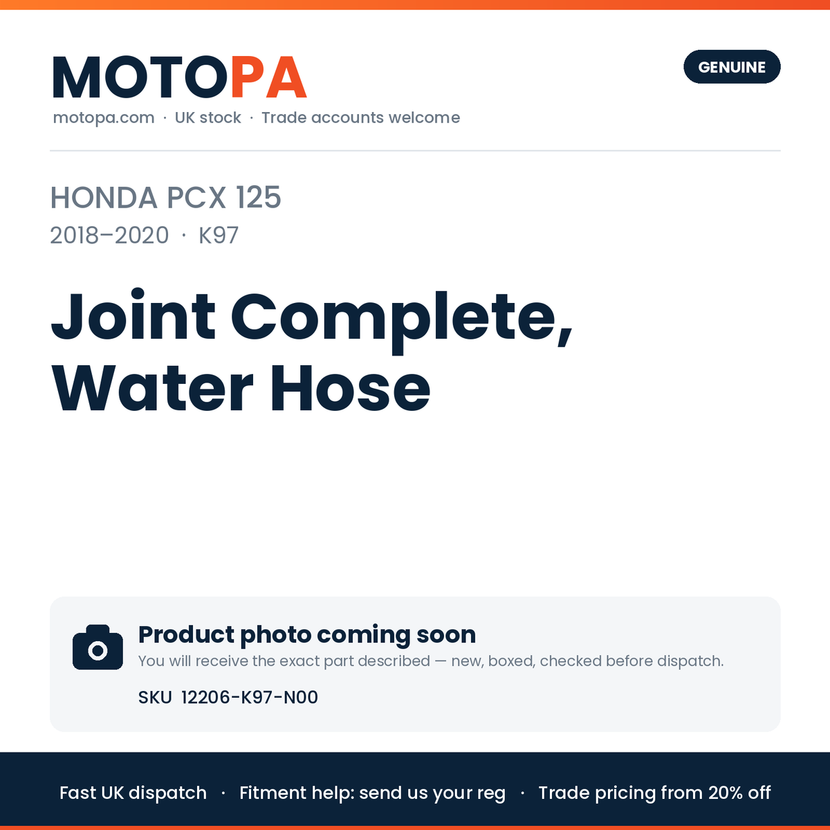 Genuine Honda PCX 125 2018-2020 Joint Complete, Water Hose 12206-K97-N00 | SKU 12206-K97-N00 | photo coming soon