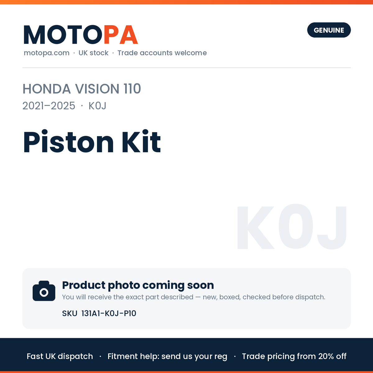 Genuine Honda Vision 110 2021-2025 Piston Kit 131A1-K0J-P10 | SKU 131A1-K0J-P10 | photo coming soon